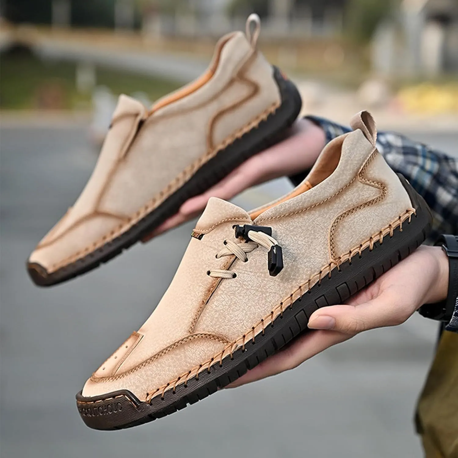 Men's Leather Hand-Sewn Casual Loafers Fashion Side Elastic Straps Slip-On Soft Flats Sneakers Fashion Lightweight Anti-Slip Walking Driving Shoes
