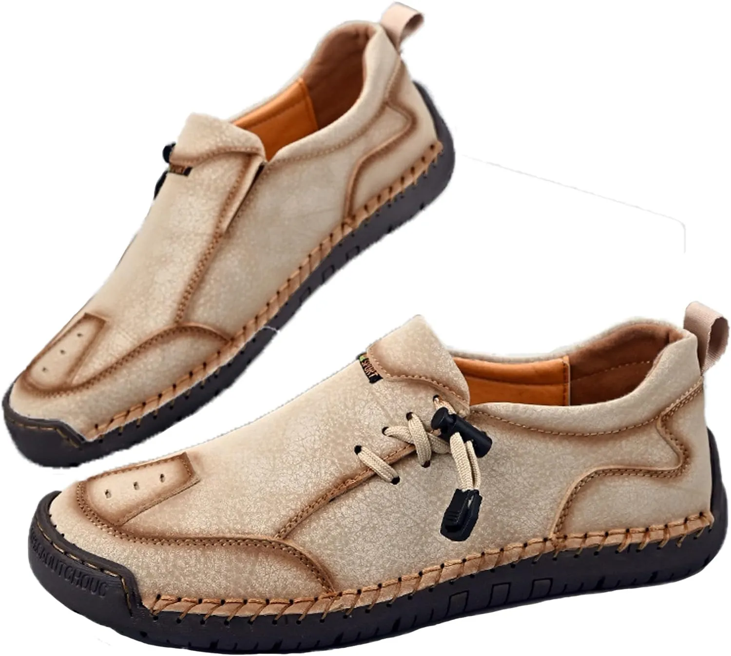 Men's Leather Hand-Sewn Casual Loafers Fashion Side Elastic Straps Slip-On Soft Flats Sneakers Fashion Lightweight Anti-Slip Walking Driving Shoes