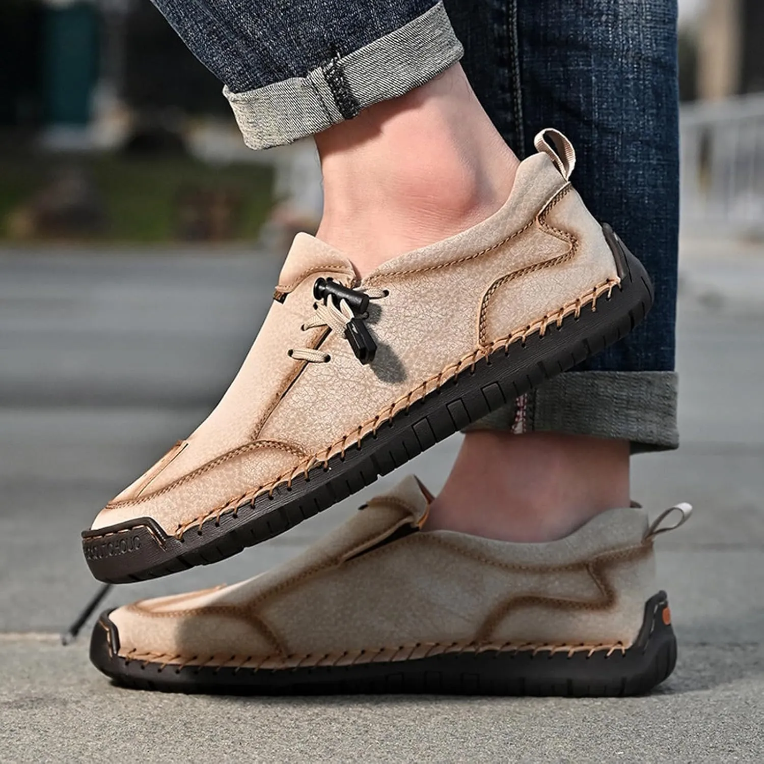 Men's Leather Hand-Sewn Casual Loafers Fashion Side Elastic Straps Slip-On Soft Flats Sneakers Fashion Lightweight Anti-Slip Walking Driving Shoes