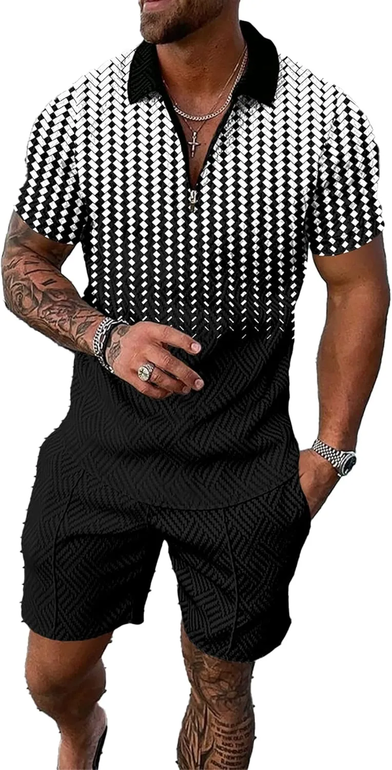 men's short sets outfits 2 piece summer tracksuit short sleeve polo shirt and shorts set casual sport suit