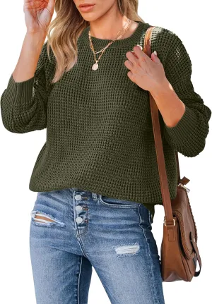 MEROKEETY Women's 2024 Long Sleeve Waffle Knit Sweater Crew Neck Solid Color Pullover Jumper Tops