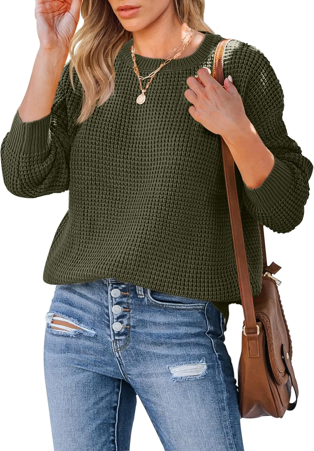 MEROKEETY Women's 2024 Long Sleeve Waffle Knit Sweater Crew Neck Solid Color Pullover Jumper Tops