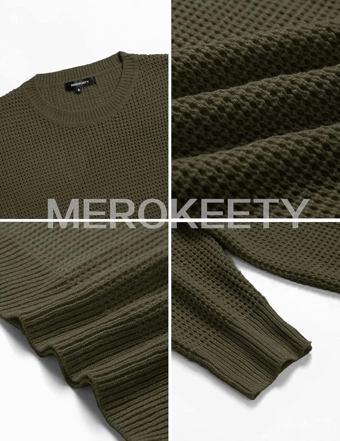 MEROKEETY Women's 2024 Long Sleeve Waffle Knit Sweater Crew Neck Solid Color Pullover Jumper Tops