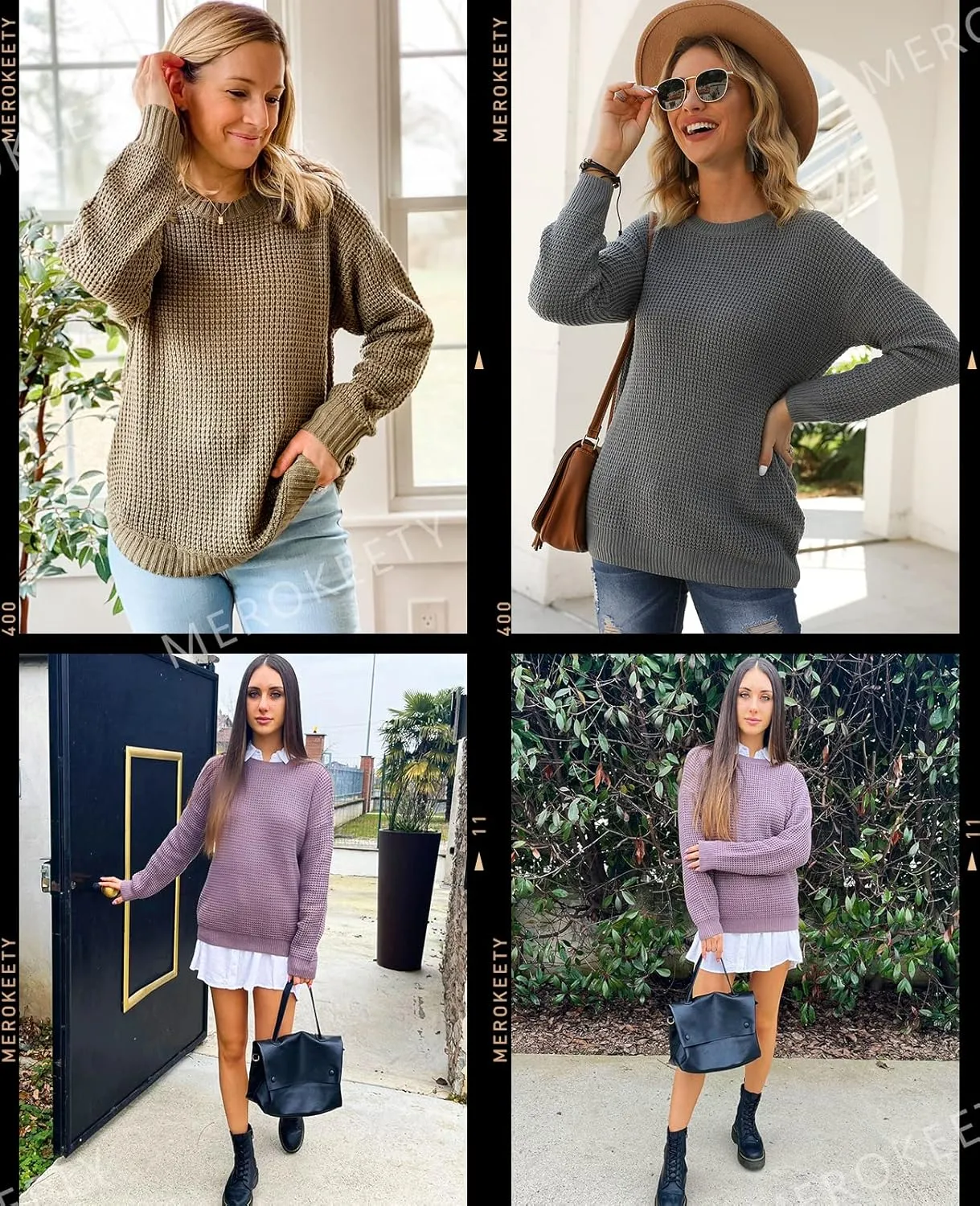 MEROKEETY Women's 2024 Long Sleeve Waffle Knit Sweater Crew Neck Solid Color Pullover Jumper Tops
