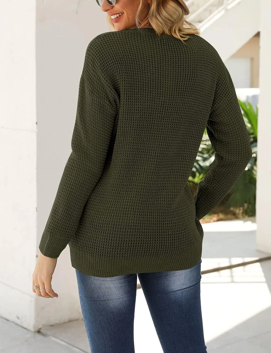 MEROKEETY Women's 2024 Long Sleeve Waffle Knit Sweater Crew Neck Solid Color Pullover Jumper Tops