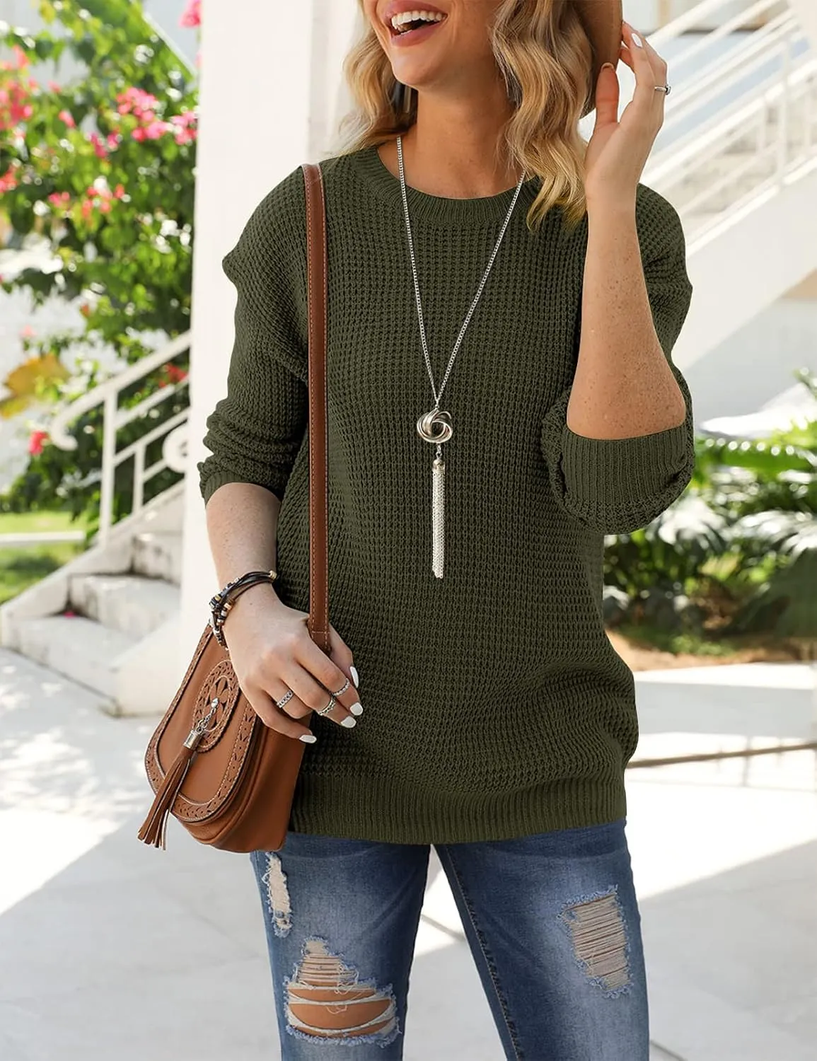 MEROKEETY Women's 2024 Long Sleeve Waffle Knit Sweater Crew Neck Solid Color Pullover Jumper Tops