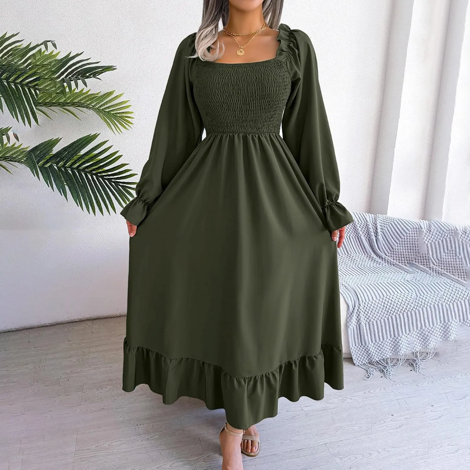 Milkmaid Dress Women Plus Size Dress 2025 Casual Long Sleeve Smocked Dress Square Neck High Waist Ruffle Tiered Midi Dresses