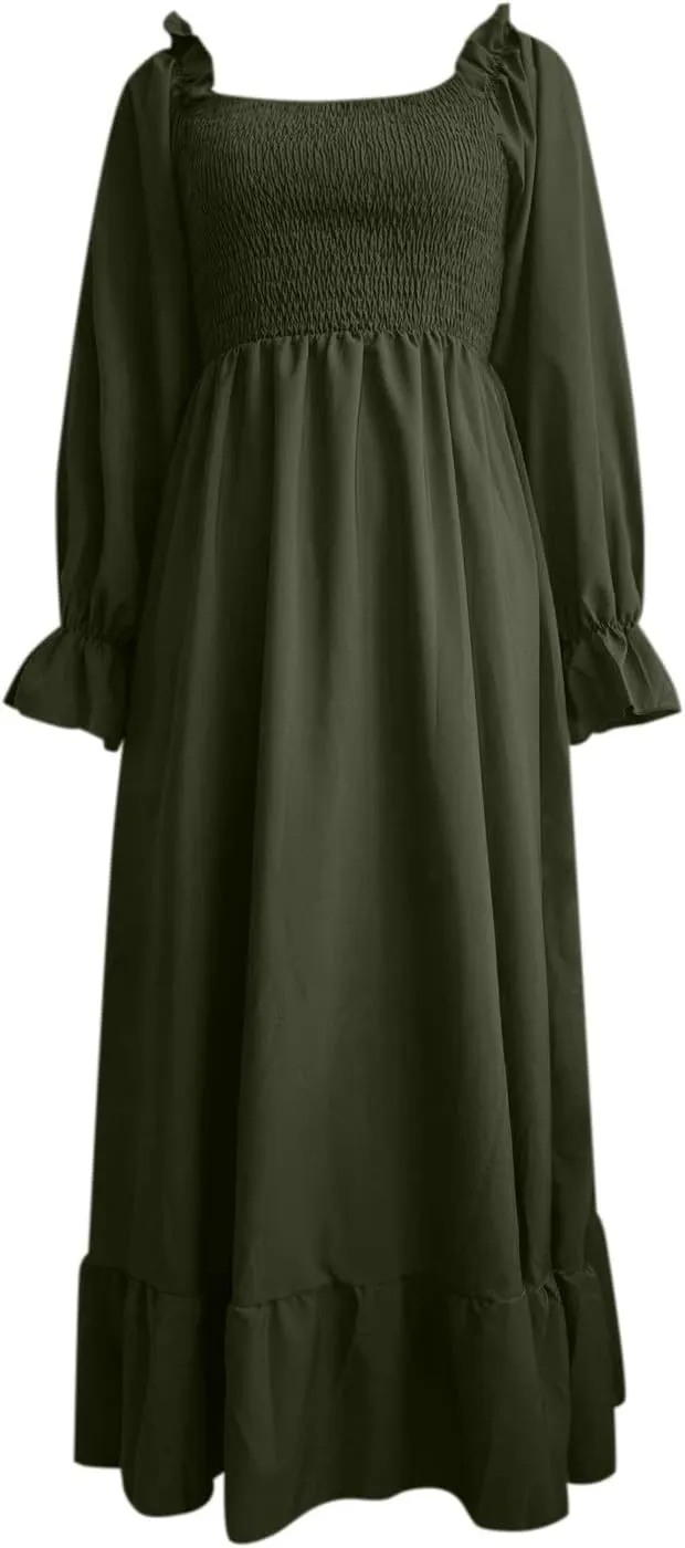 Milkmaid Dress Women Plus Size Dress 2025 Casual Long Sleeve Smocked Dress Square Neck High Waist Ruffle Tiered Midi Dresses