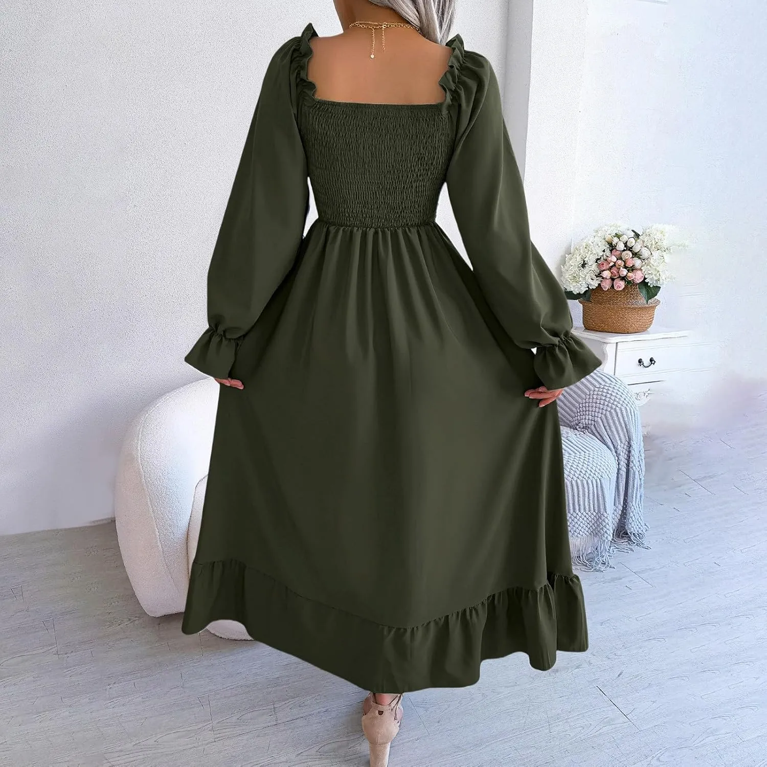 Milkmaid Dress Women Plus Size Dress 2025 Casual Long Sleeve Smocked Dress Square Neck High Waist Ruffle Tiered Midi Dresses