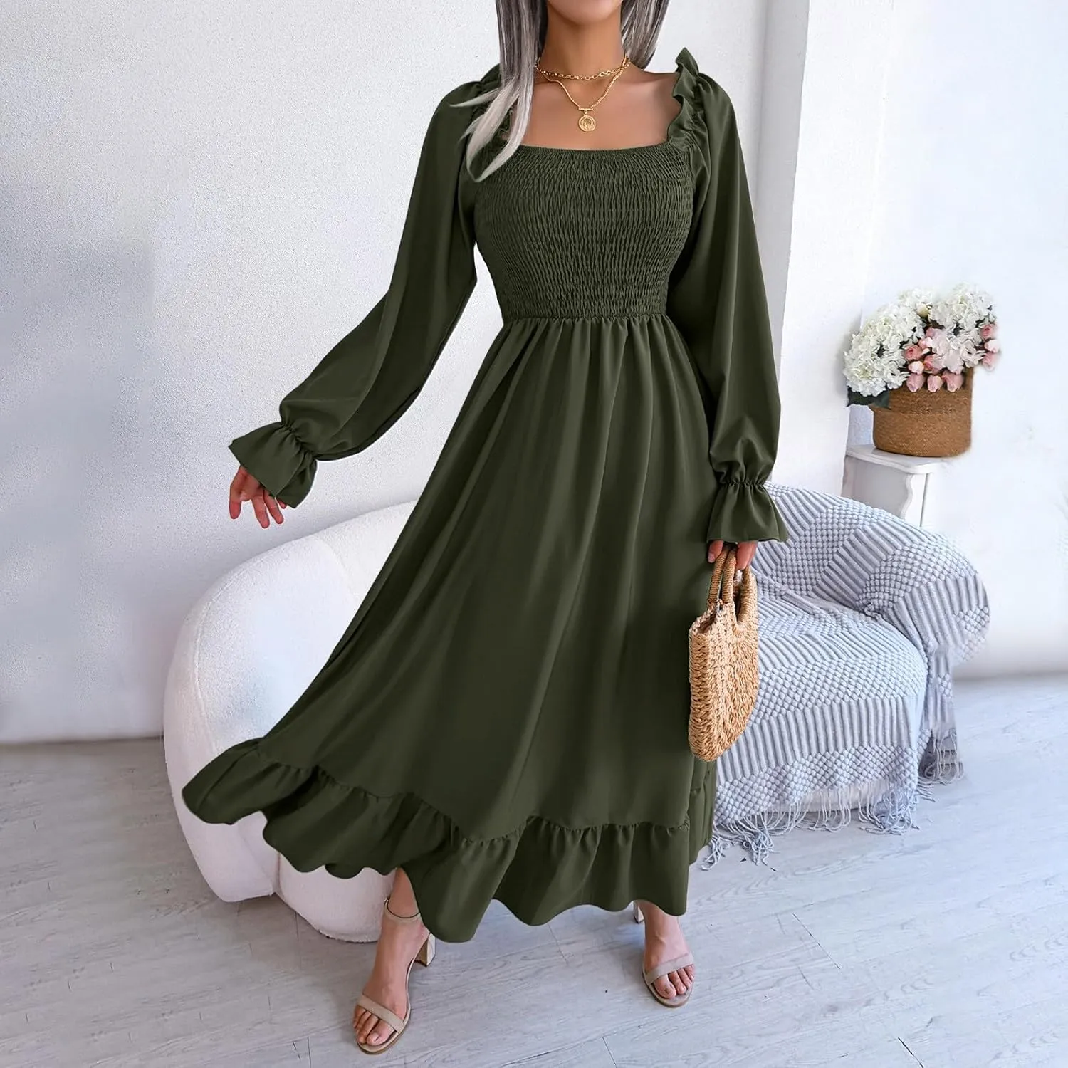 Milkmaid Dress Women Plus Size Dress 2025 Casual Long Sleeve Smocked Dress Square Neck High Waist Ruffle Tiered Midi Dresses