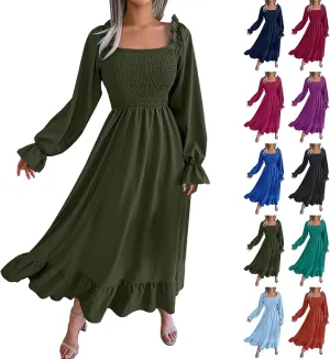 Milkmaid Dress Women Plus Size Dress 2025 Casual Long Sleeve Smocked Dress Square Neck High Waist Ruffle Tiered Midi Dresses