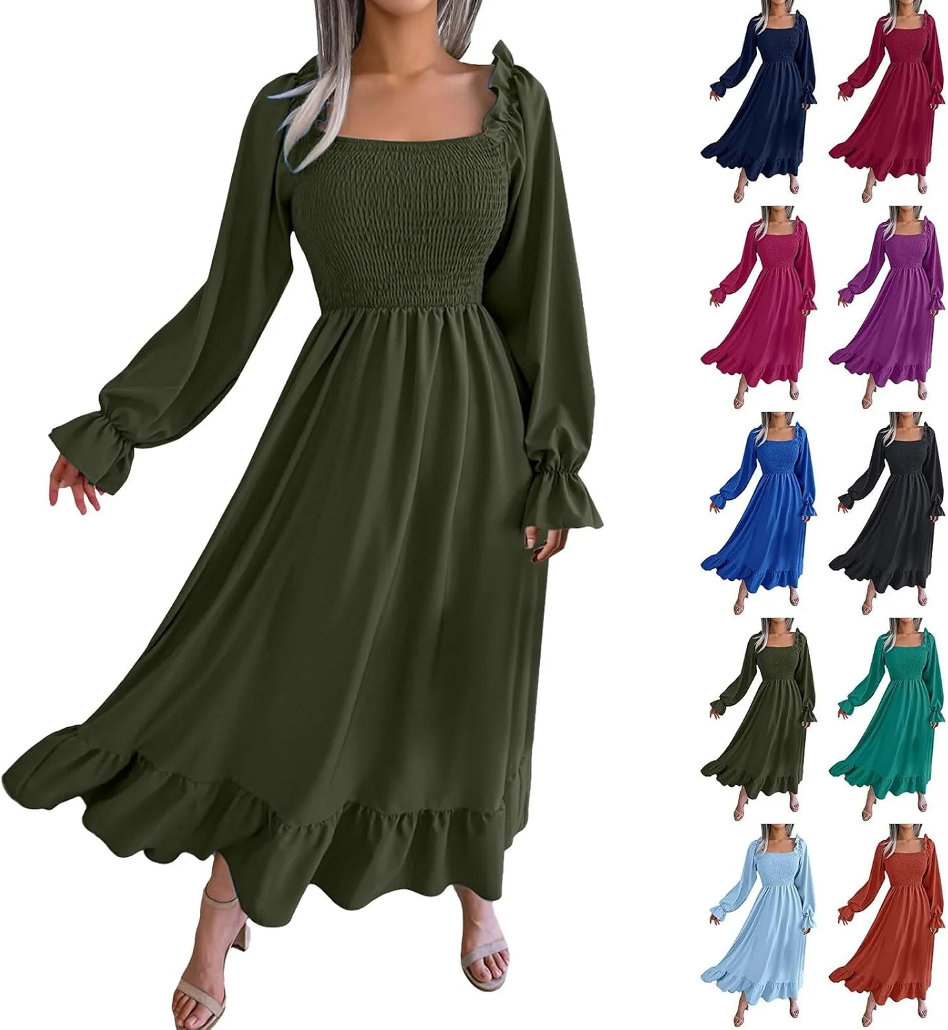 Milkmaid Dress Women Plus Size Dress 2025 Casual Long Sleeve Smocked Dress Square Neck High Waist Ruffle Tiered Midi Dresses