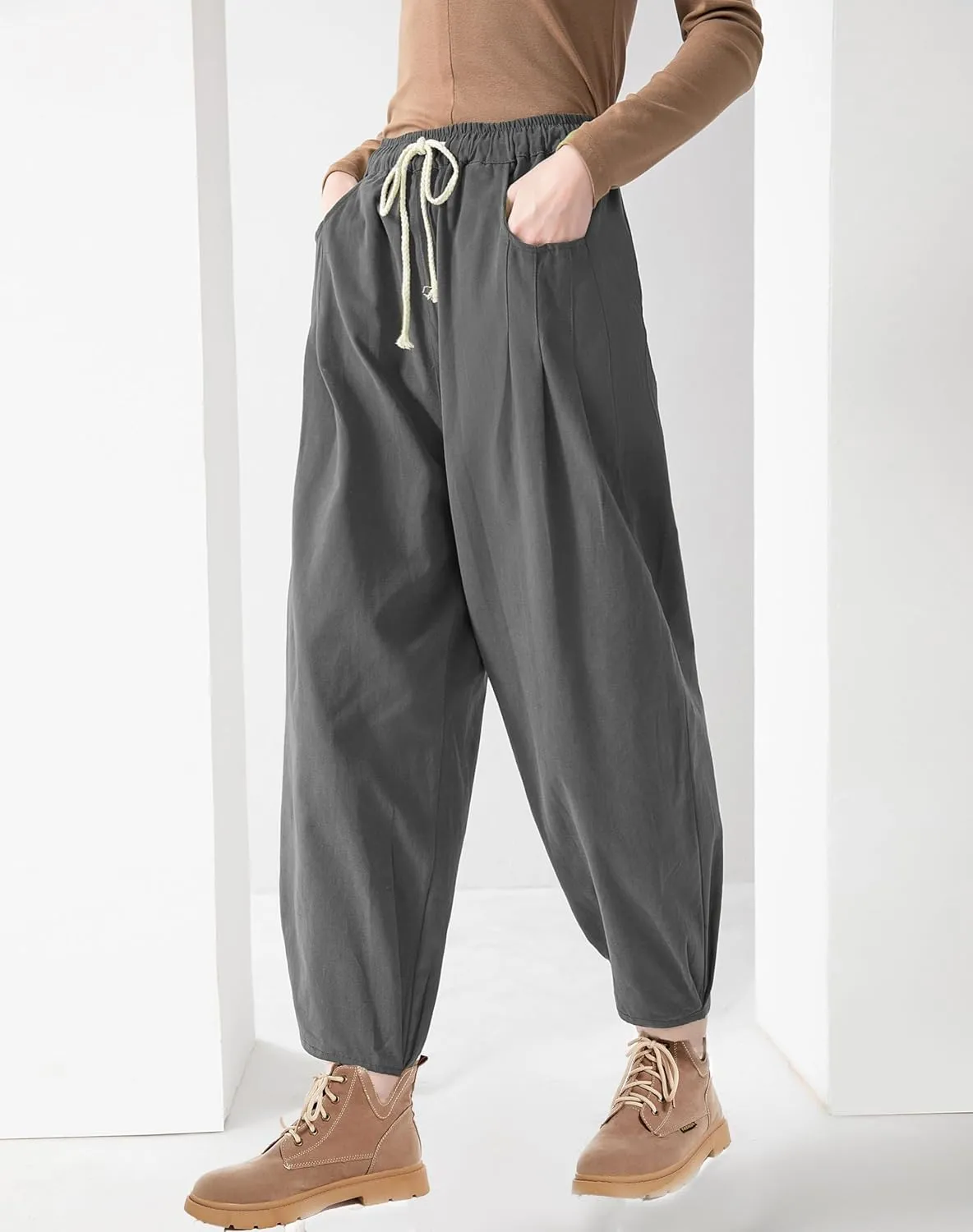 Minibee Women's Baggy Harem Pants Wide Leg Casual Pant Summer Cotton Drawstring Trousers with Pockets