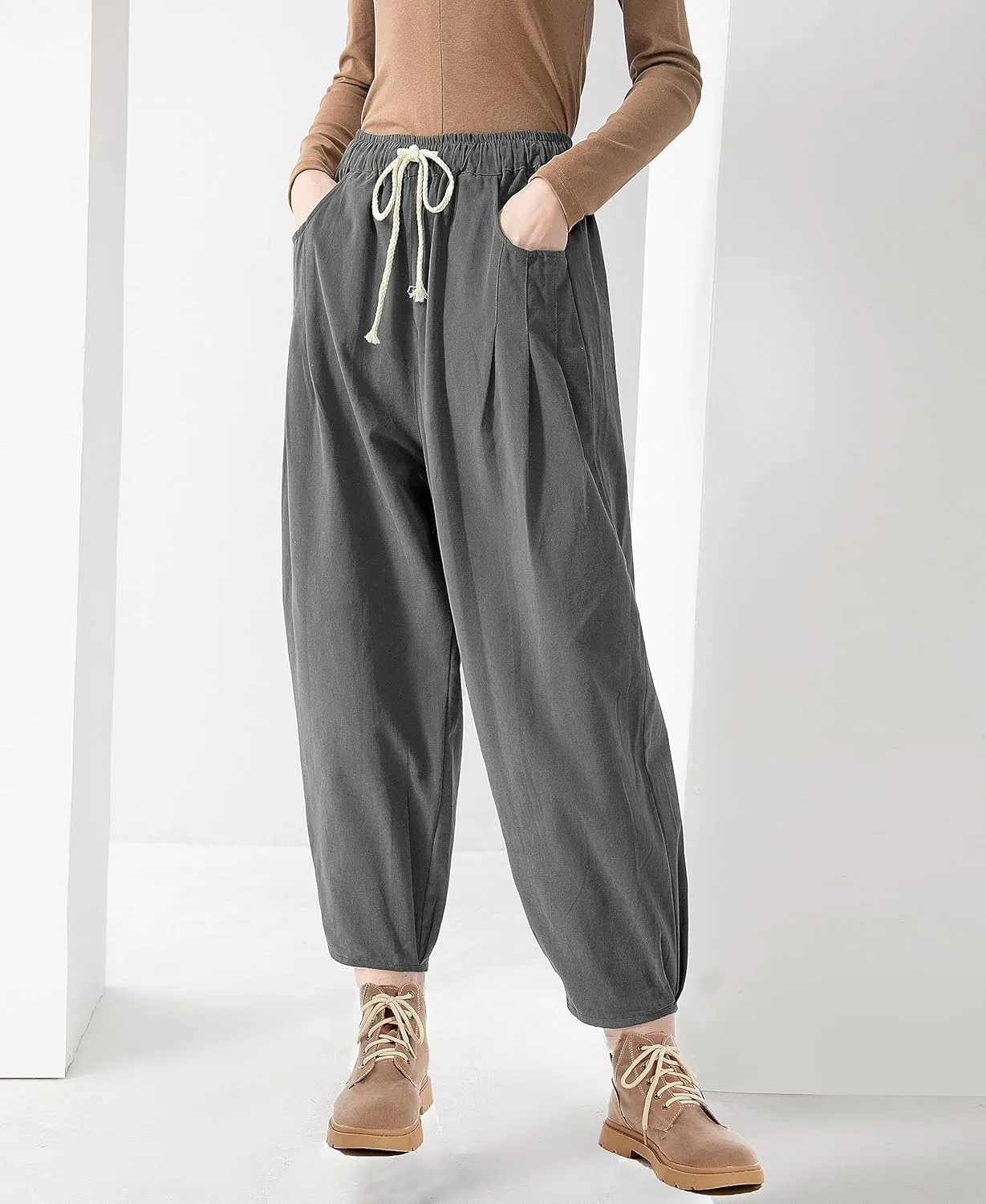 Minibee Women's Baggy Harem Pants Wide Leg Casual Pant Summer Cotton Drawstring Trousers with Pockets