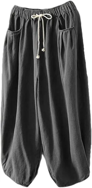 Minibee Women's Baggy Harem Pants Wide Leg Casual Pant Summer Cotton Drawstring Trousers with Pockets