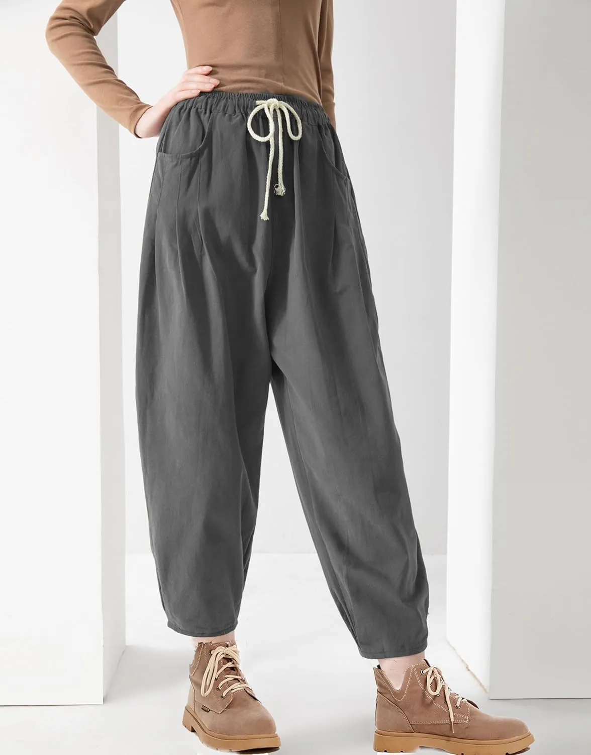 Minibee Women's Baggy Harem Pants Wide Leg Casual Pant Summer Cotton Drawstring Trousers with Pockets