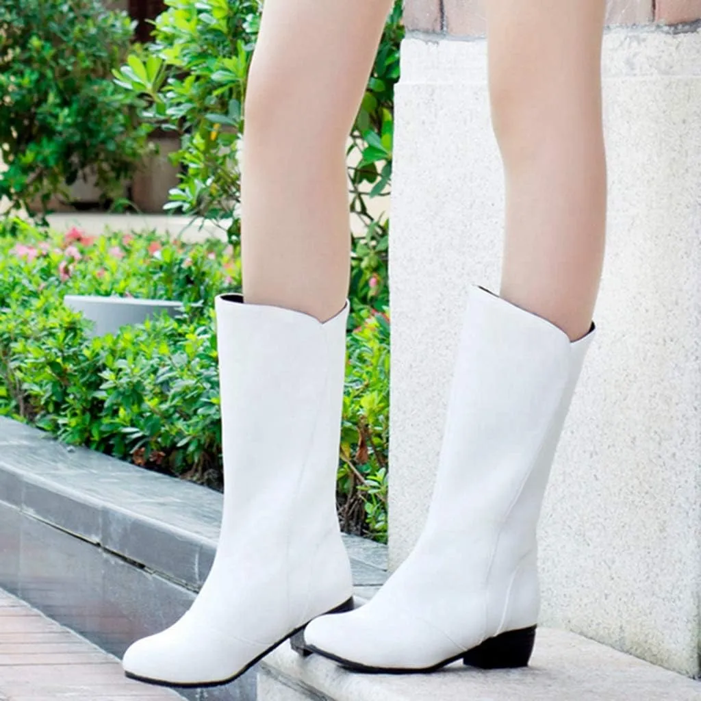 MIOKE Women's Winter Cowboy Mid Calf Boots Round Toe Slip-On Wide Width Comfy Stacked Low Heel Western Boots