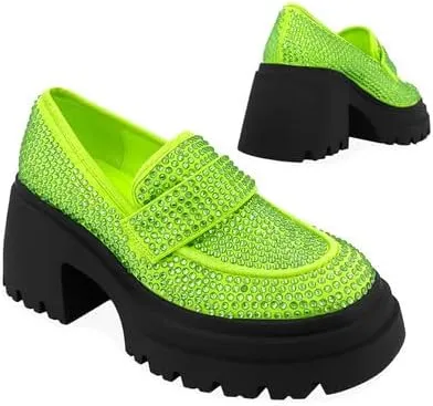 MissHeel Rhinestone Loafers for Women Slip On Platform Chunky Heels