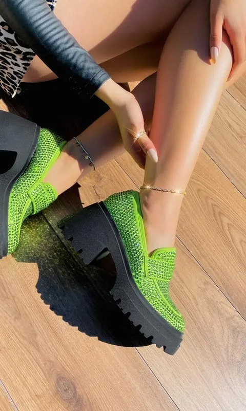 MissHeel Rhinestone Loafers for Women Slip On Platform Chunky Heels