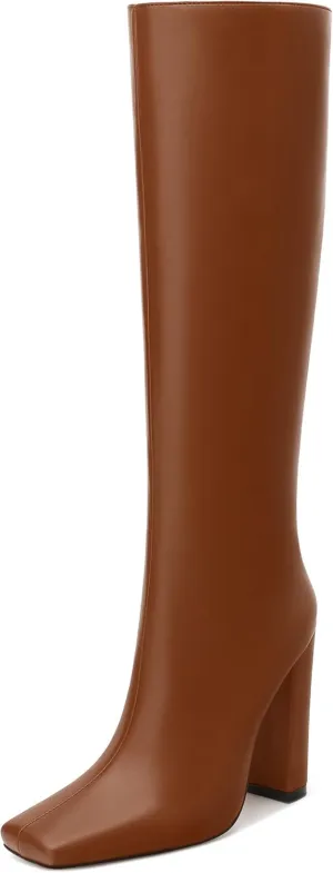 MODENCOCO Knee High Boots Women Chunky Block Heel Square Toe Dress Tall Boots for Women High Heel GoGo Long Boots Matte Fashion Sexy Casual Fall Winter