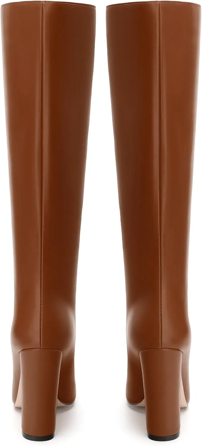 MODENCOCO Knee High Boots Women Chunky Block Heel Square Toe Dress Tall Boots for Women High Heel GoGo Long Boots Matte Fashion Sexy Casual Fall Winter