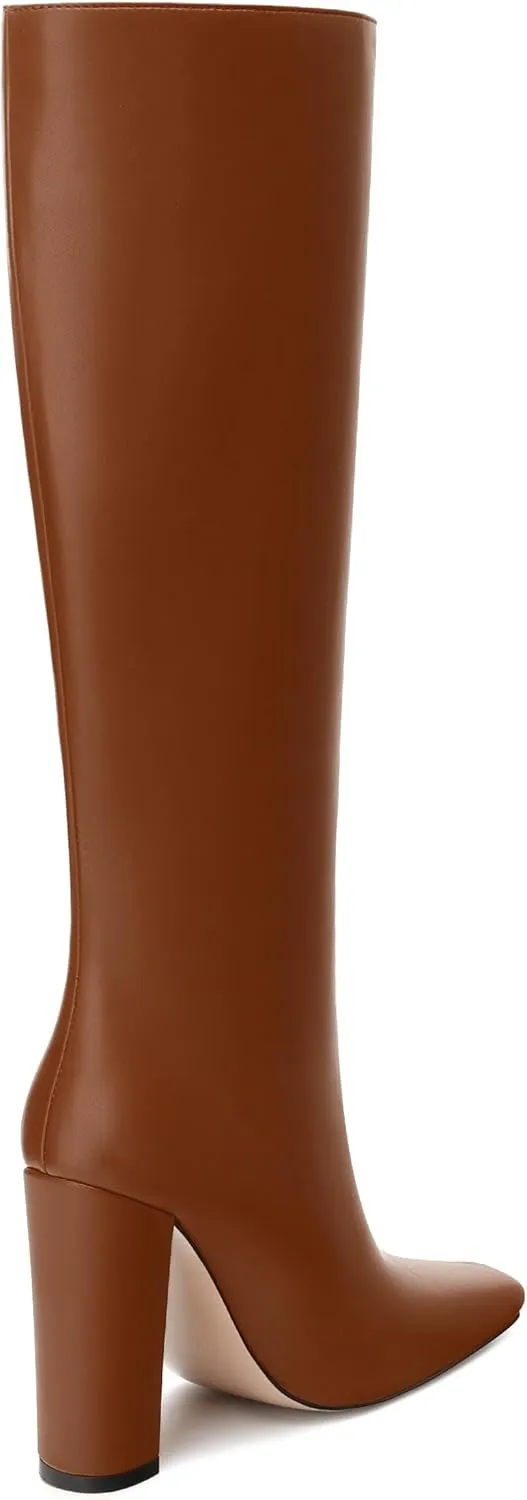 MODENCOCO Knee High Boots Women Chunky Block Heel Square Toe Dress Tall Boots for Women High Heel GoGo Long Boots Matte Fashion Sexy Casual Fall Winter
