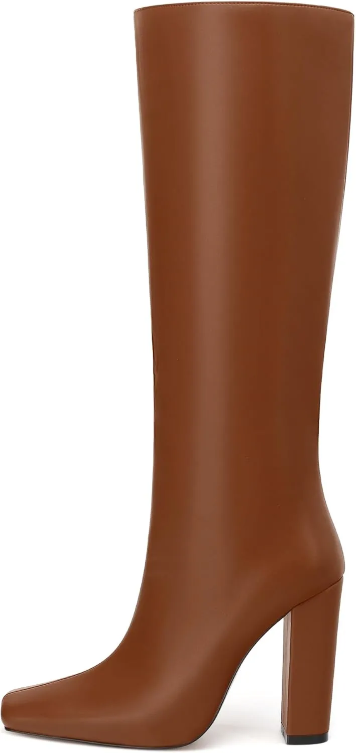 MODENCOCO Knee High Boots Women Chunky Block Heel Square Toe Dress Tall Boots for Women High Heel GoGo Long Boots Matte Fashion Sexy Casual Fall Winter