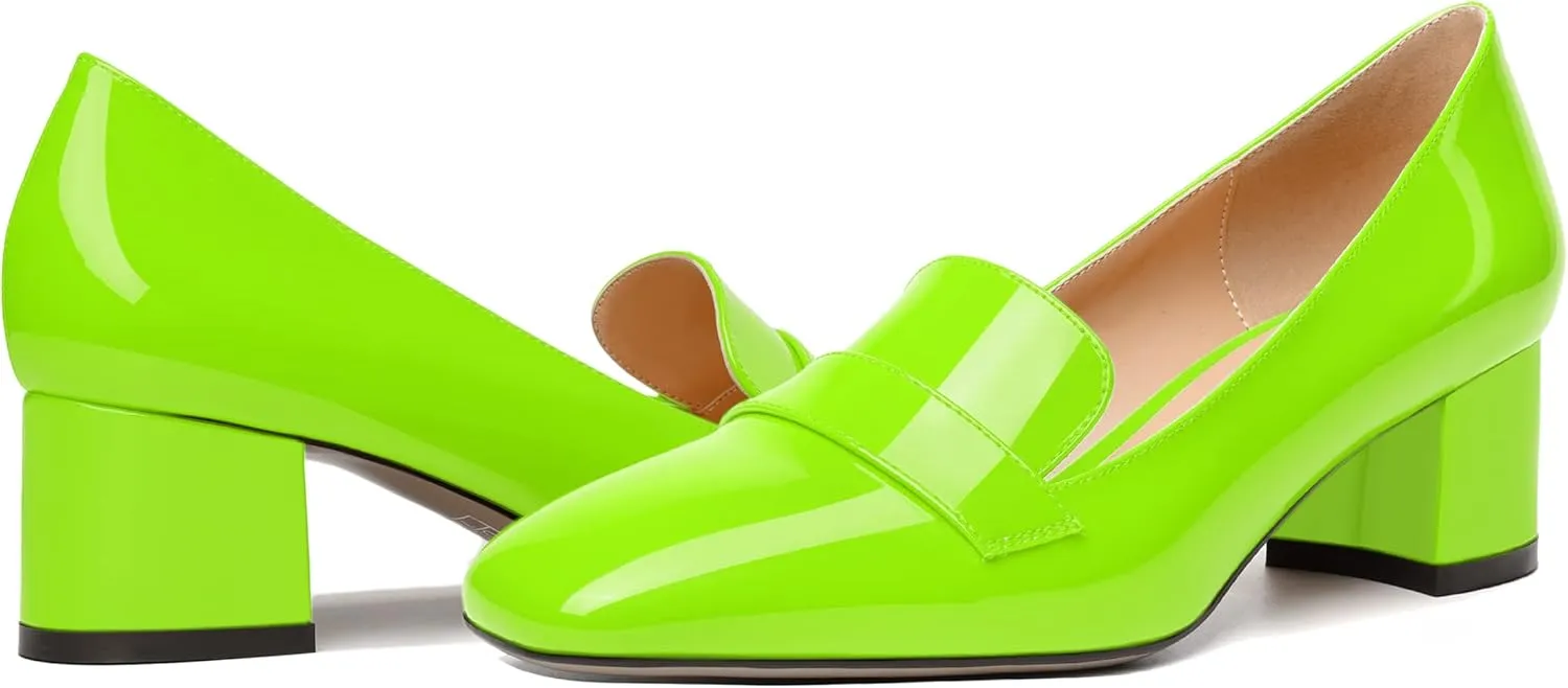 MODENCOCO Womens Fashion Slip On Casual Comfortable Square Toe Patent Chunky Low Heel Loafers Shoes 2 Inch