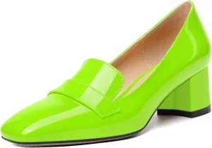MODENCOCO Womens Fashion Slip On Casual Comfortable Square Toe Patent Chunky Low Heel Loafers Shoes 2 Inch
