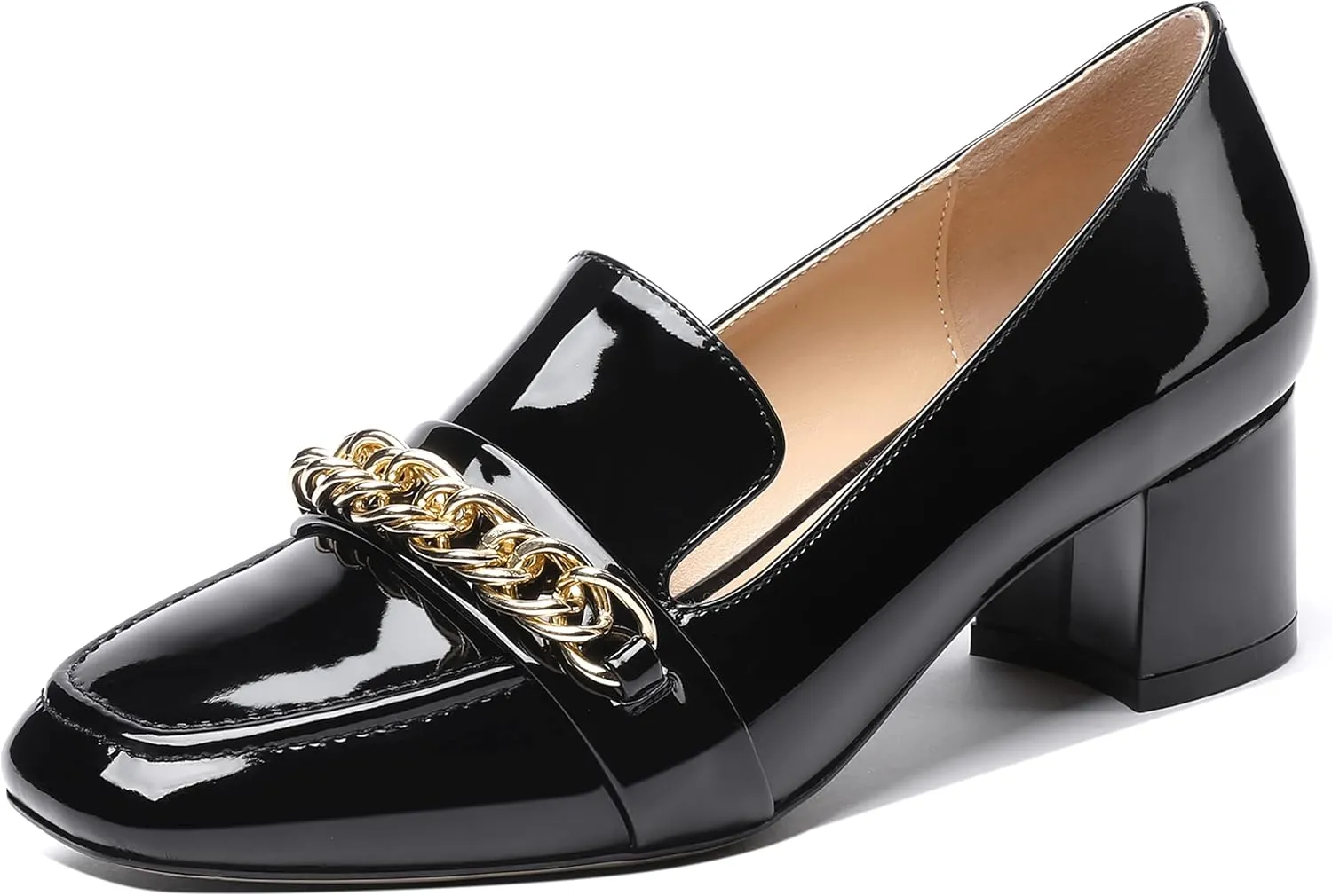 MODENCOCO Women's Patent Loafers Metal Chain Casual Business Square Toe Slip On Chunky Low Heel Pumps Shoes 2 Inch