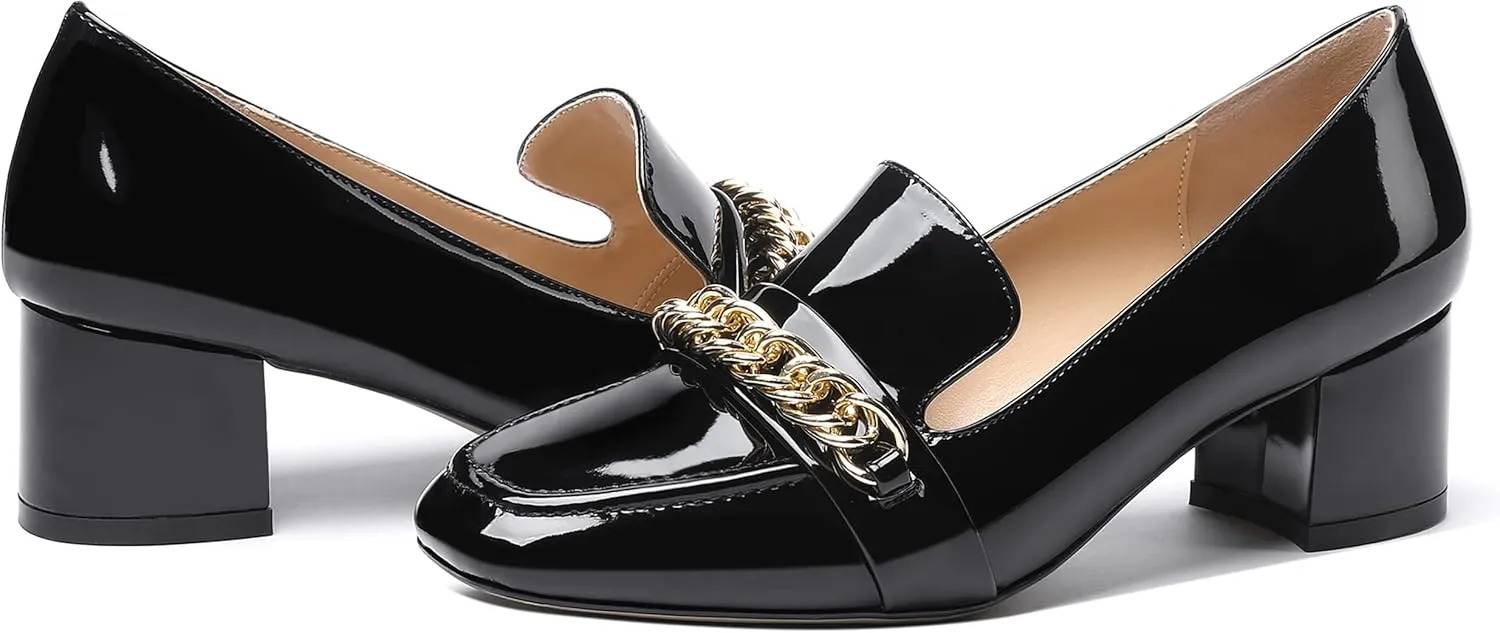 MODENCOCO Women's Patent Loafers Metal Chain Casual Business Square Toe Slip On Chunky Low Heel Pumps Shoes 2 Inch