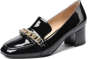 MODENCOCO Women's Patent Loafers Metal Chain Casual Business Square Toe Slip On Chunky Low Heel Pumps Shoes 2 Inch