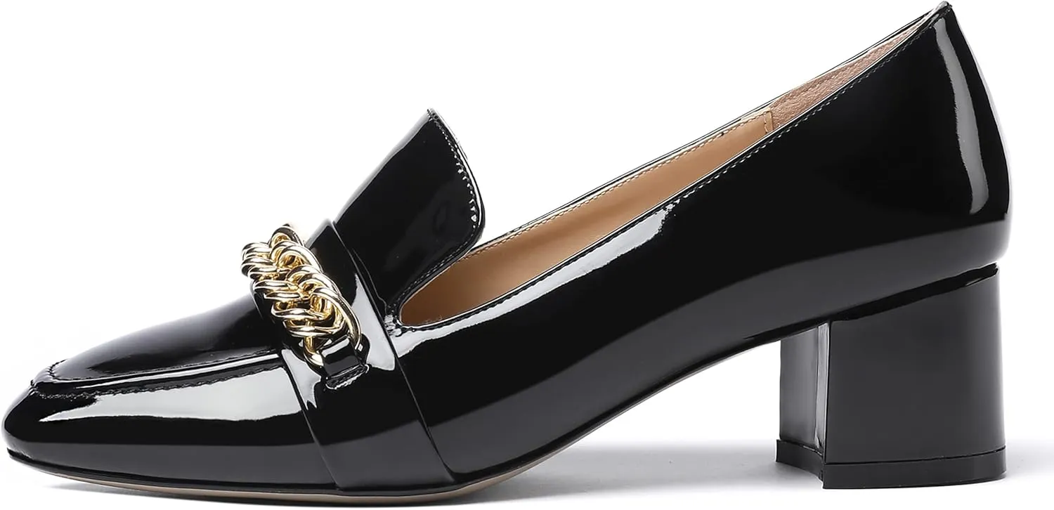 MODENCOCO Women's Patent Loafers Metal Chain Casual Business Square Toe Slip On Chunky Low Heel Pumps Shoes 2 Inch