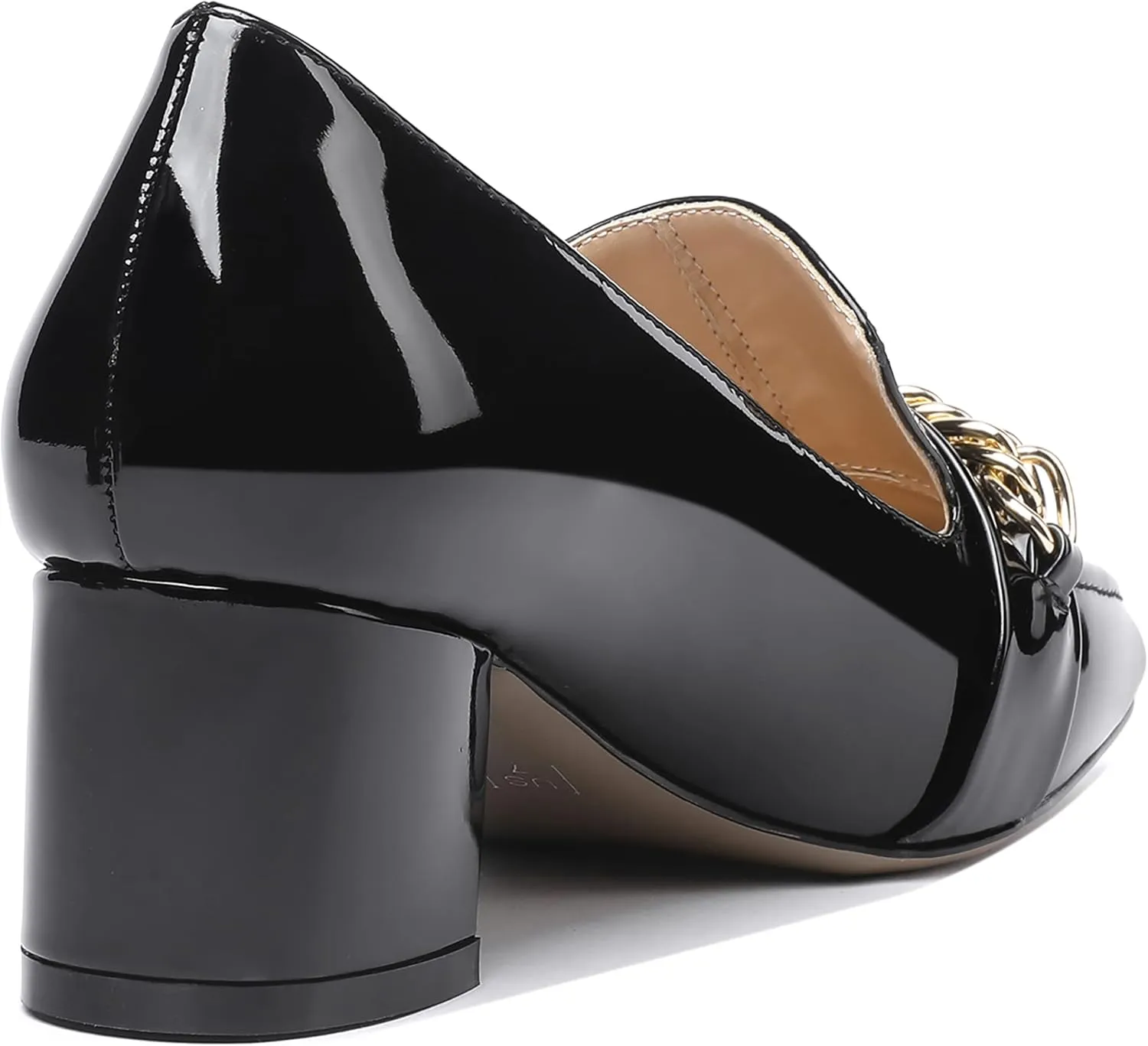 MODENCOCO Women's Patent Loafers Metal Chain Casual Business Square Toe Slip On Chunky Low Heel Pumps Shoes 2 Inch