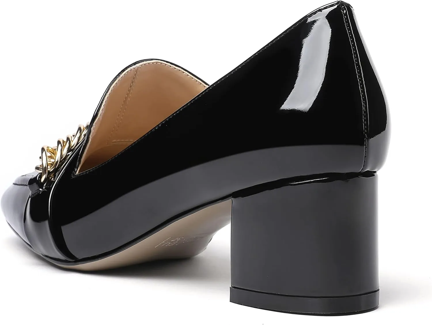 MODENCOCO Women's Patent Loafers Metal Chain Casual Business Square Toe Slip On Chunky Low Heel Pumps Shoes 2 Inch