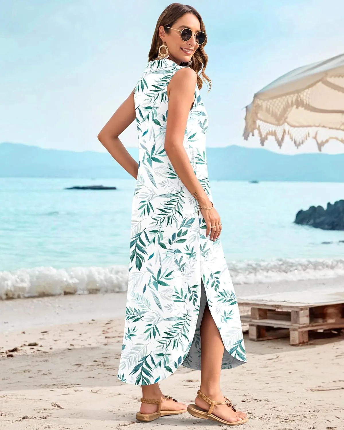 MOLERANI Women's Casual V Neck Maxi Dress Summer Long Sleeveless Sundress with Button 2025 Loose Fit Pockets