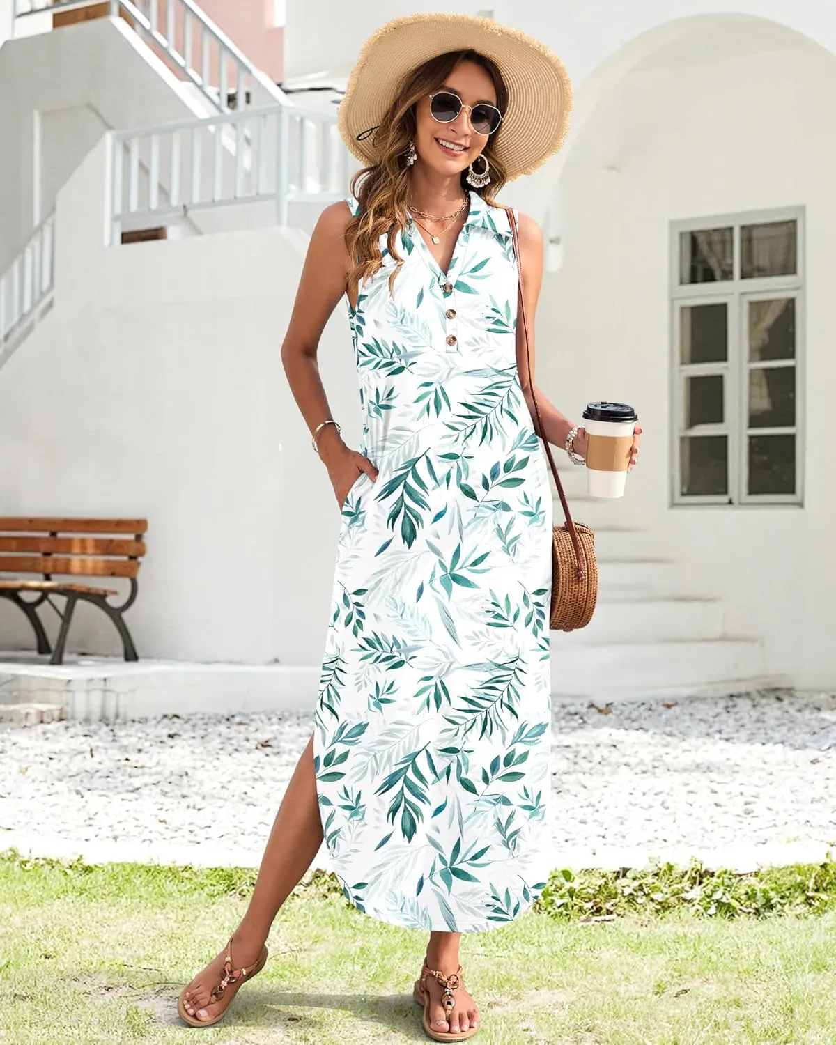 MOLERANI Women's Casual V Neck Maxi Dress Summer Long Sleeveless Sundress with Button 2025 Loose Fit Pockets