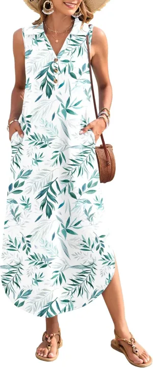 MOLERANI Women's Casual V Neck Maxi Dress Summer Long Sleeveless Sundress with Button 2025 Loose Fit Pockets