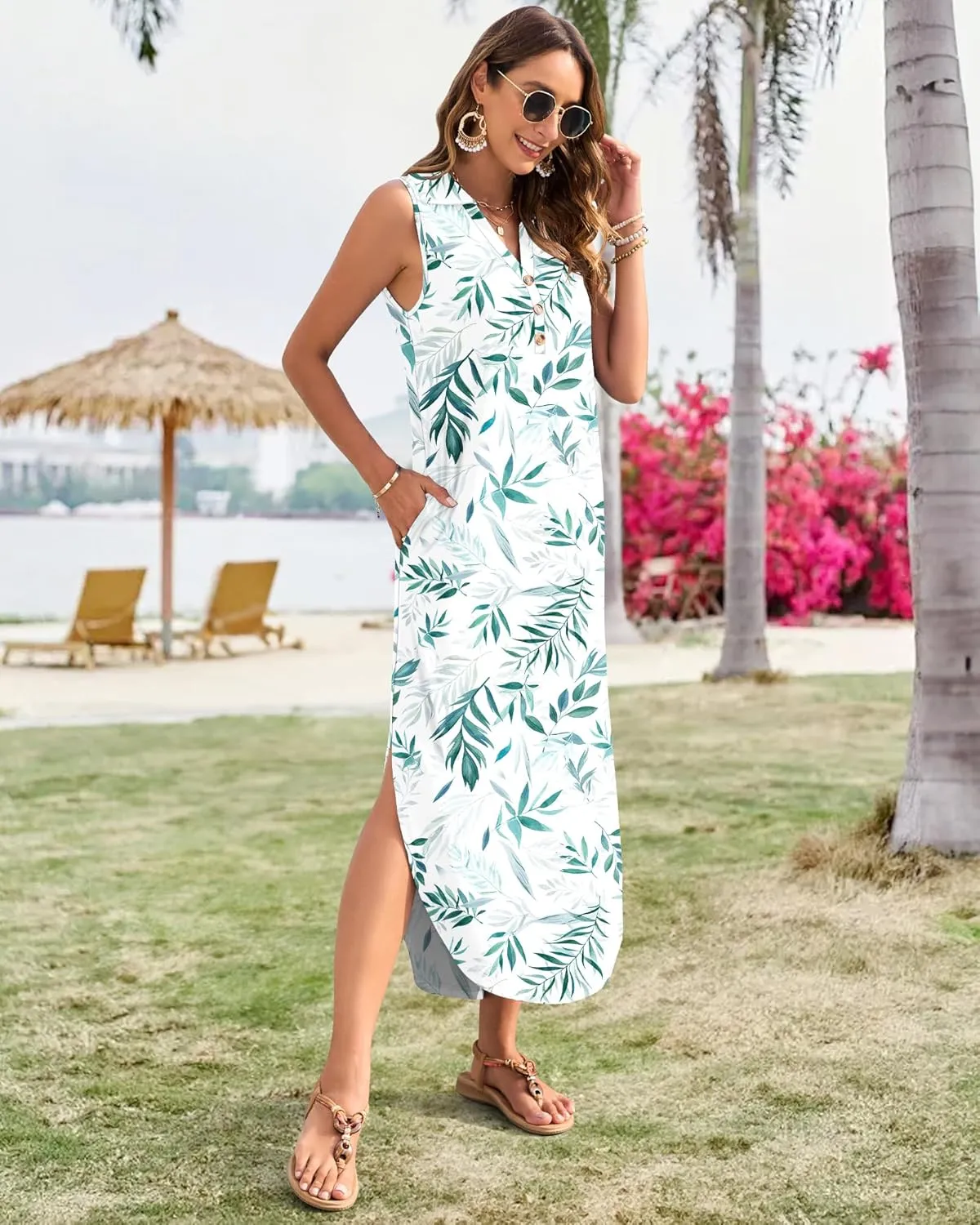 MOLERANI Women's Casual V Neck Maxi Dress Summer Long Sleeveless Sundress with Button 2025 Loose Fit Pockets