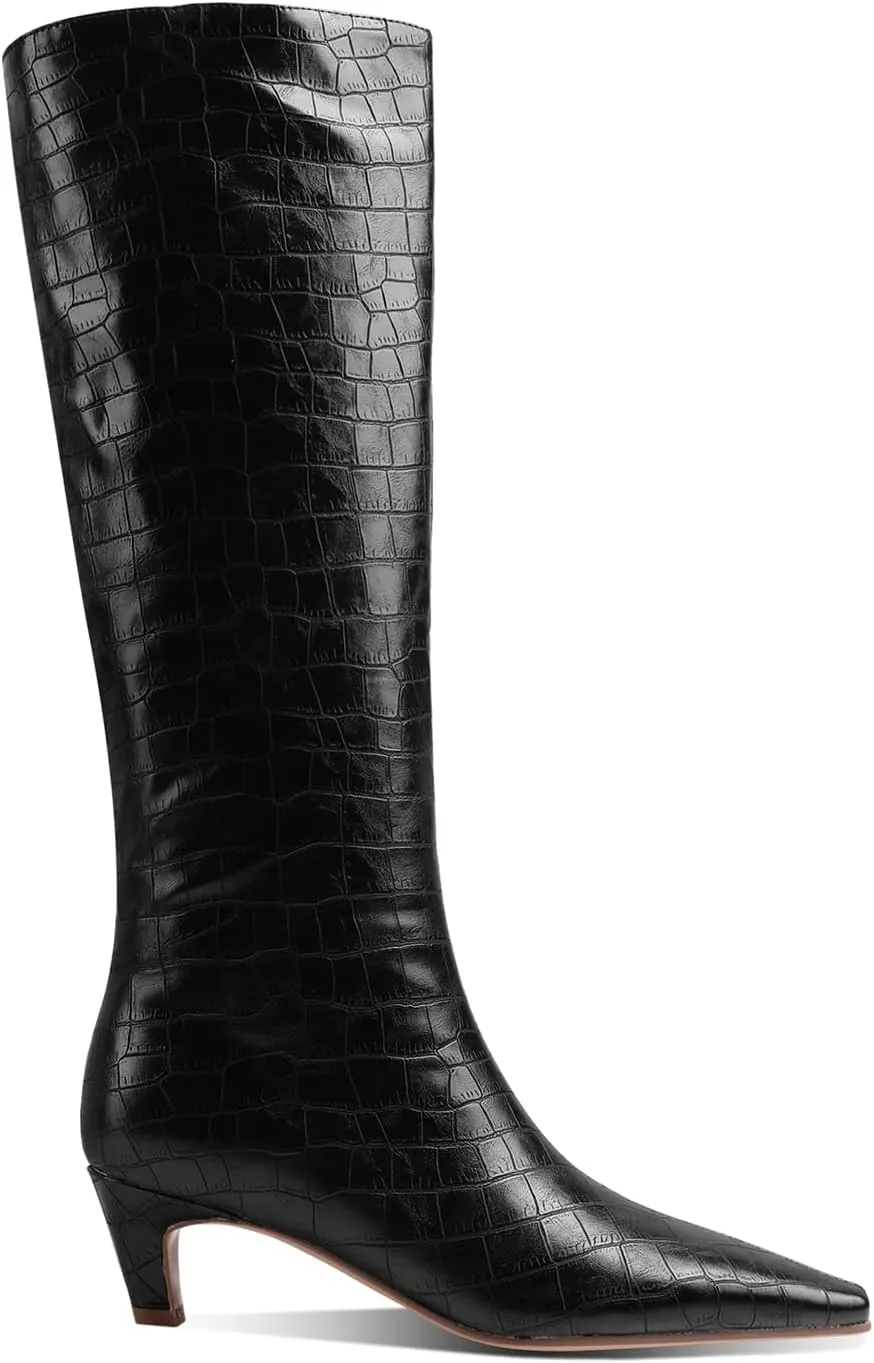 MOOMMO Women Kitten Heel Over Knee High Boots Square Toe Matte Pull On Wide Calf Pleated Low Heel Thigh Boots Stylish Retro Dress Boots Chic Party Comfy 4-11 M US