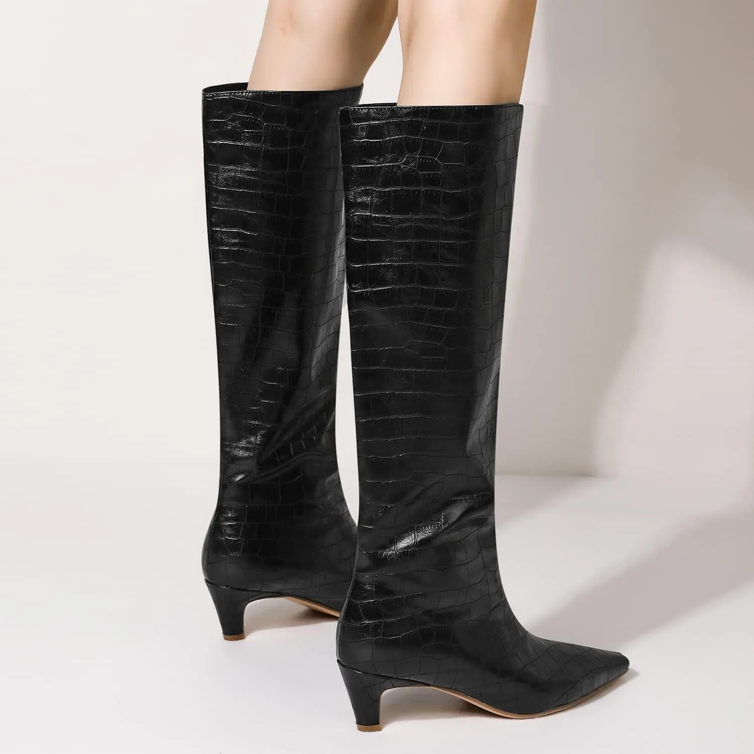 MOOMMO Women Kitten Heel Over Knee High Boots Square Toe Matte Pull On Wide Calf Pleated Low Heel Thigh Boots Stylish Retro Dress Boots Chic Party Comfy 4-11 M US