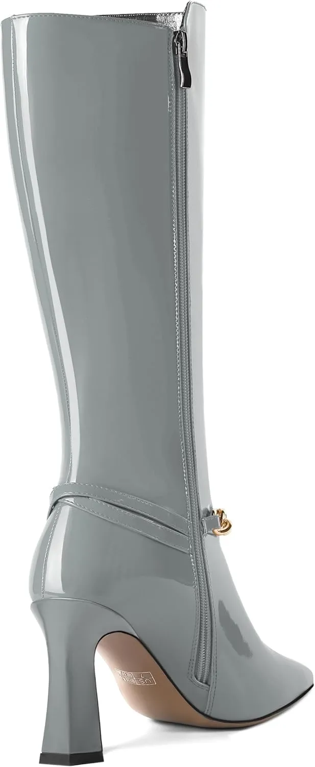 MOVINSTEPS Womens Ankle Strap Metal Pointed Toe Wedding Dress Zip Patent Kitten High Heel Mid Calf Boots 3.3 Inch