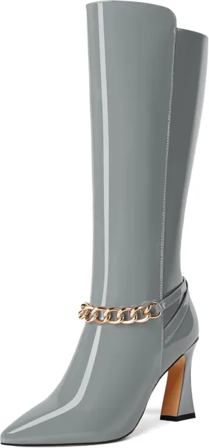 MOVINSTEPS Womens Ankle Strap Metal Pointed Toe Wedding Dress Zip Patent Kitten High Heel Mid Calf Boots 3.3 Inch