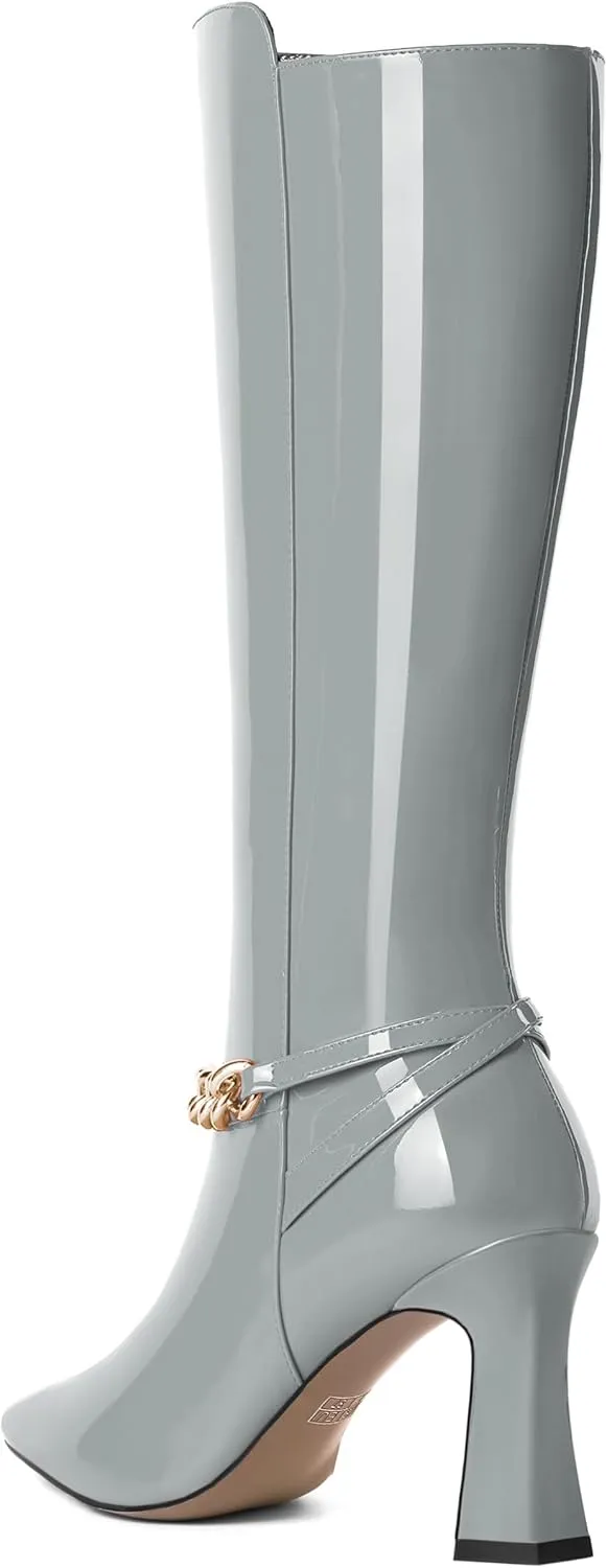 MOVINSTEPS Womens Ankle Strap Metal Pointed Toe Wedding Dress Zip Patent Kitten High Heel Mid Calf Boots 3.3 Inch