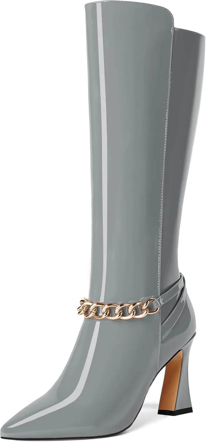 MOVINSTEPS Womens Ankle Strap Metal Pointed Toe Wedding Dress Zip Patent Kitten High Heel Mid Calf Boots 3.3 Inch