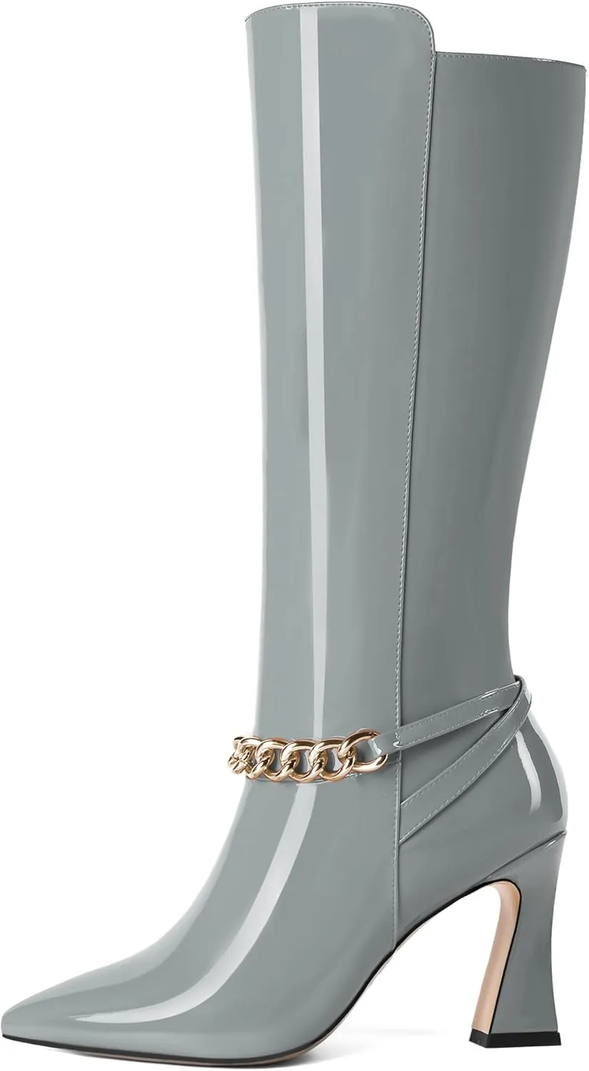 MOVINSTEPS Womens Ankle Strap Metal Pointed Toe Wedding Dress Zip Patent Kitten High Heel Mid Calf Boots 3.3 Inch