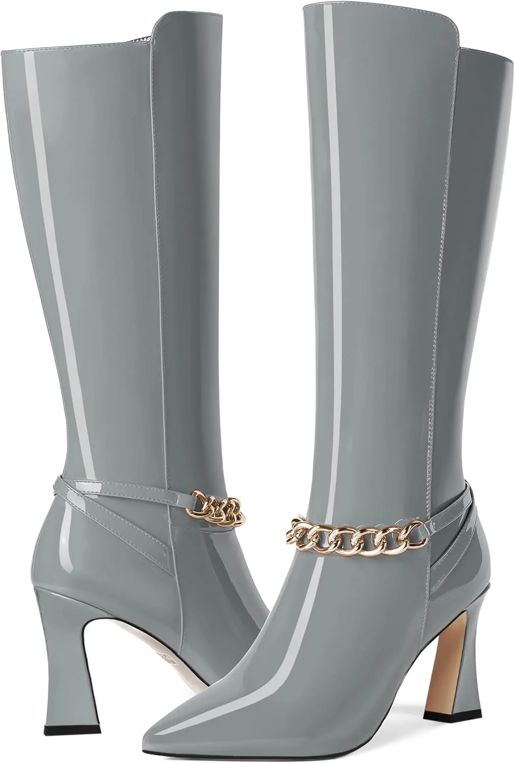 MOVINSTEPS Womens Ankle Strap Metal Pointed Toe Wedding Dress Zip Patent Kitten High Heel Mid Calf Boots 3.3 Inch