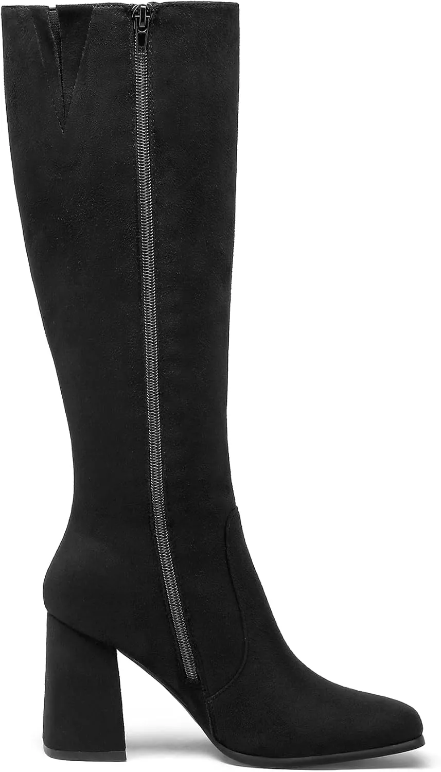 mysoft Women's Knee High Boots Block Chunky Heel Square Toe Tall Boots Side Zipper Long Dress Boots