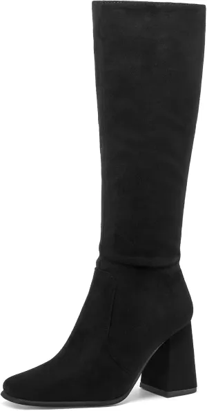 mysoft Women's Knee High Boots Block Chunky Heel Square Toe Tall Boots Side Zipper Long Dress Boots