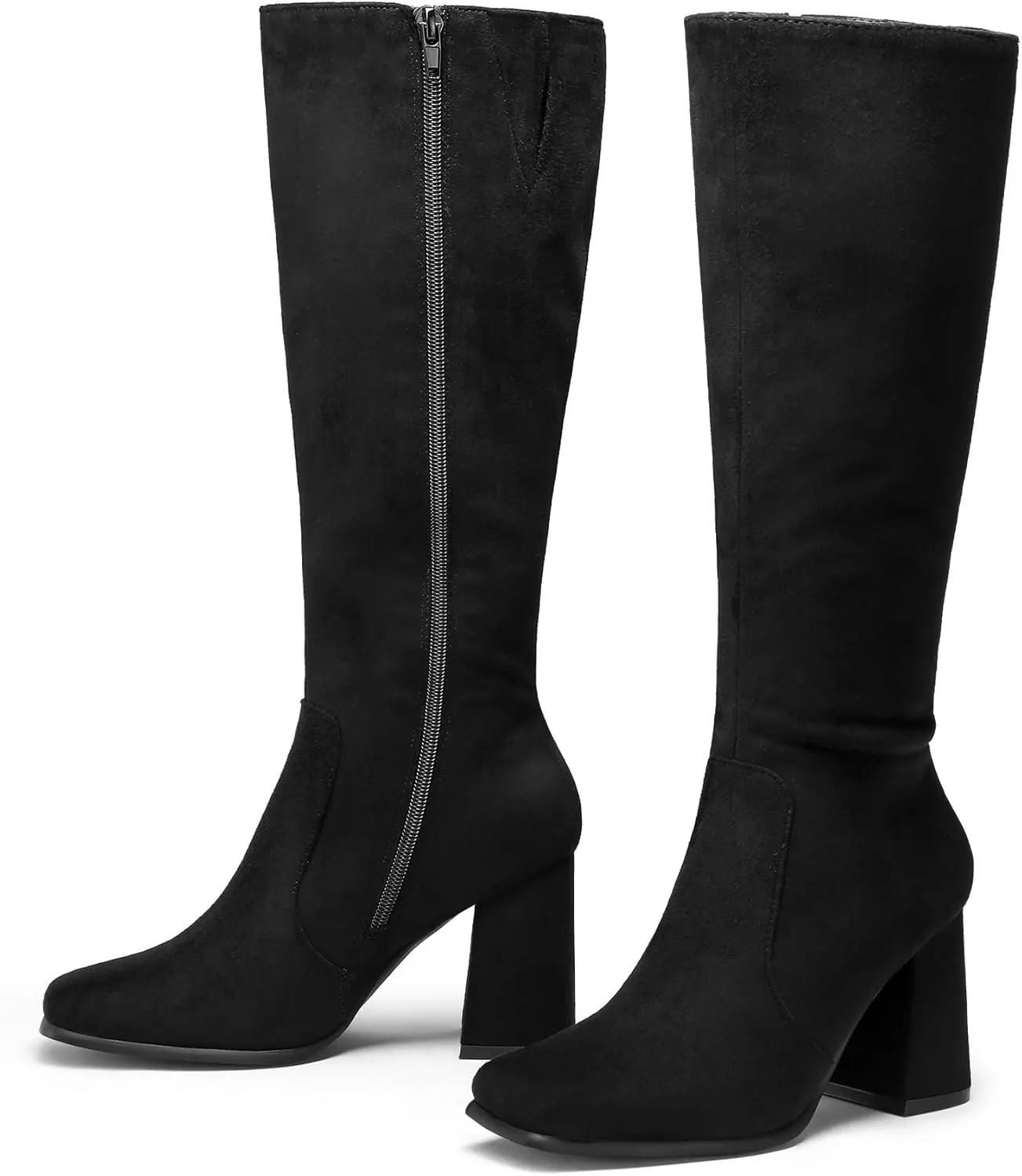 mysoft Women's Knee High Boots Block Chunky Heel Square Toe Tall Boots Side Zipper Long Dress Boots